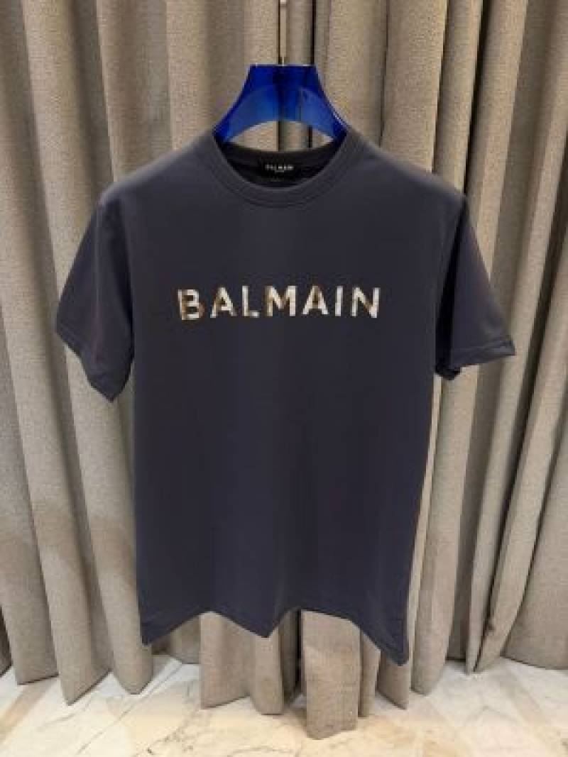 Balmain Middle Brand Print Round Neck T-shirt Grey