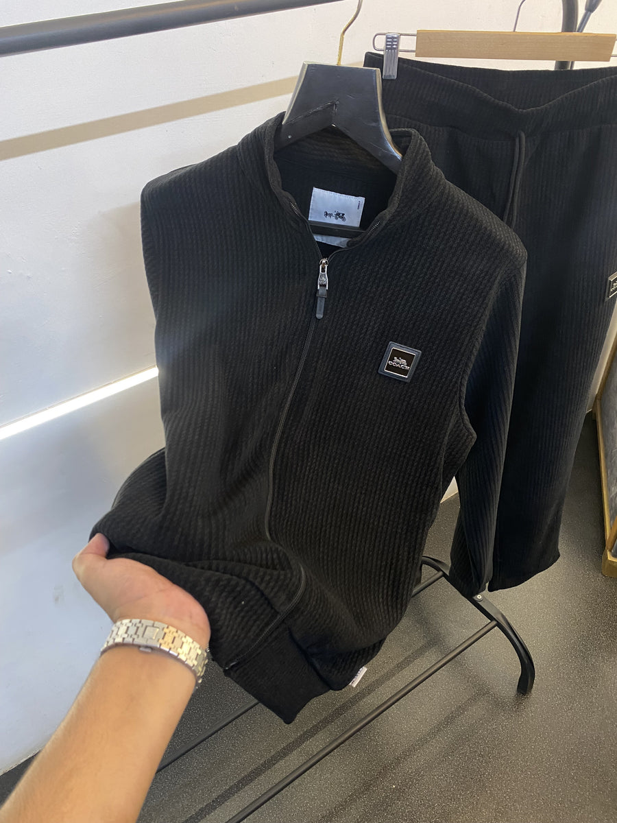 Coach imported tracksuit with brand zip and knitted fabric along with side pockets black sale