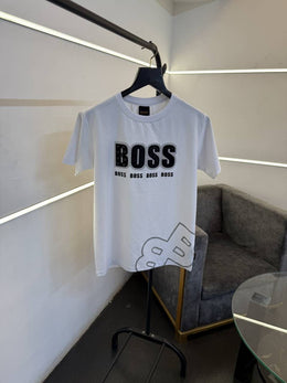 Hugo bos round neck tshirt with imported boss hd work bottom boss logo engraved print white