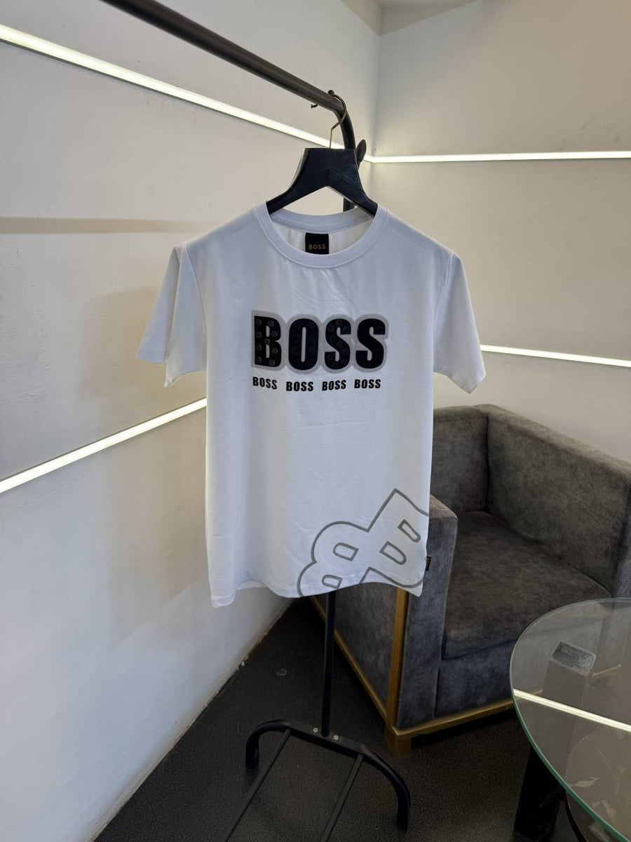 Hugo bos round neck tshirt with imported boss hd work bottom boss logo engraved print white
