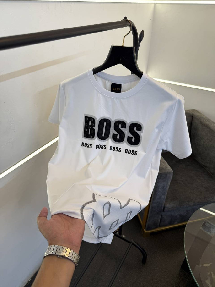 Hugo bos round neck tshirt with imported boss hd work bottom boss logo engraved print white