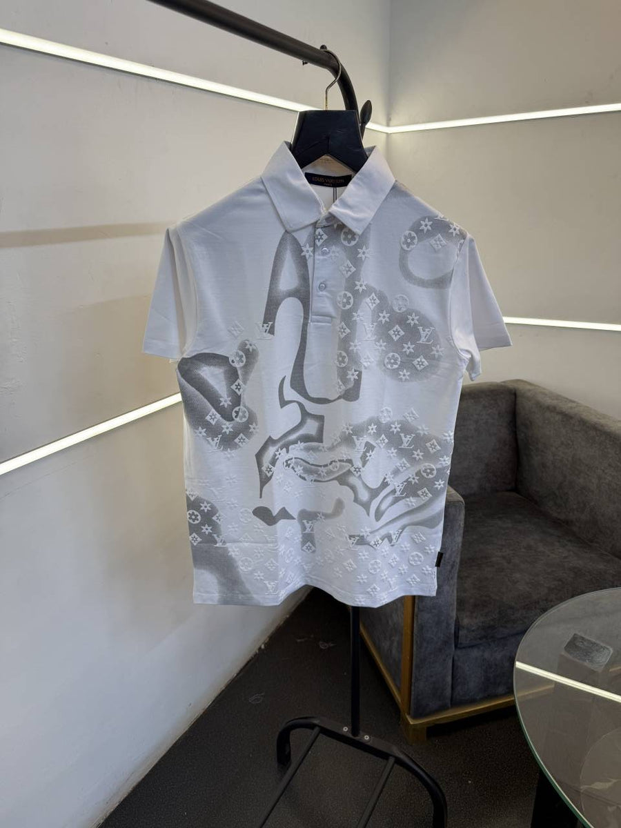 Louis Vuitton embossed and laser print imported polo tshirt white