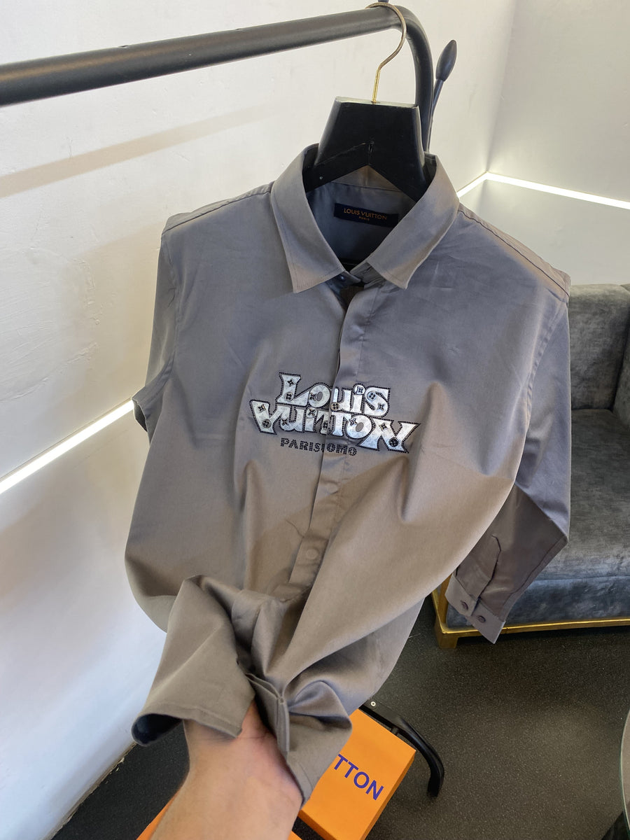 Lv stone metal logos and patch work imported box pack shirt grey sale