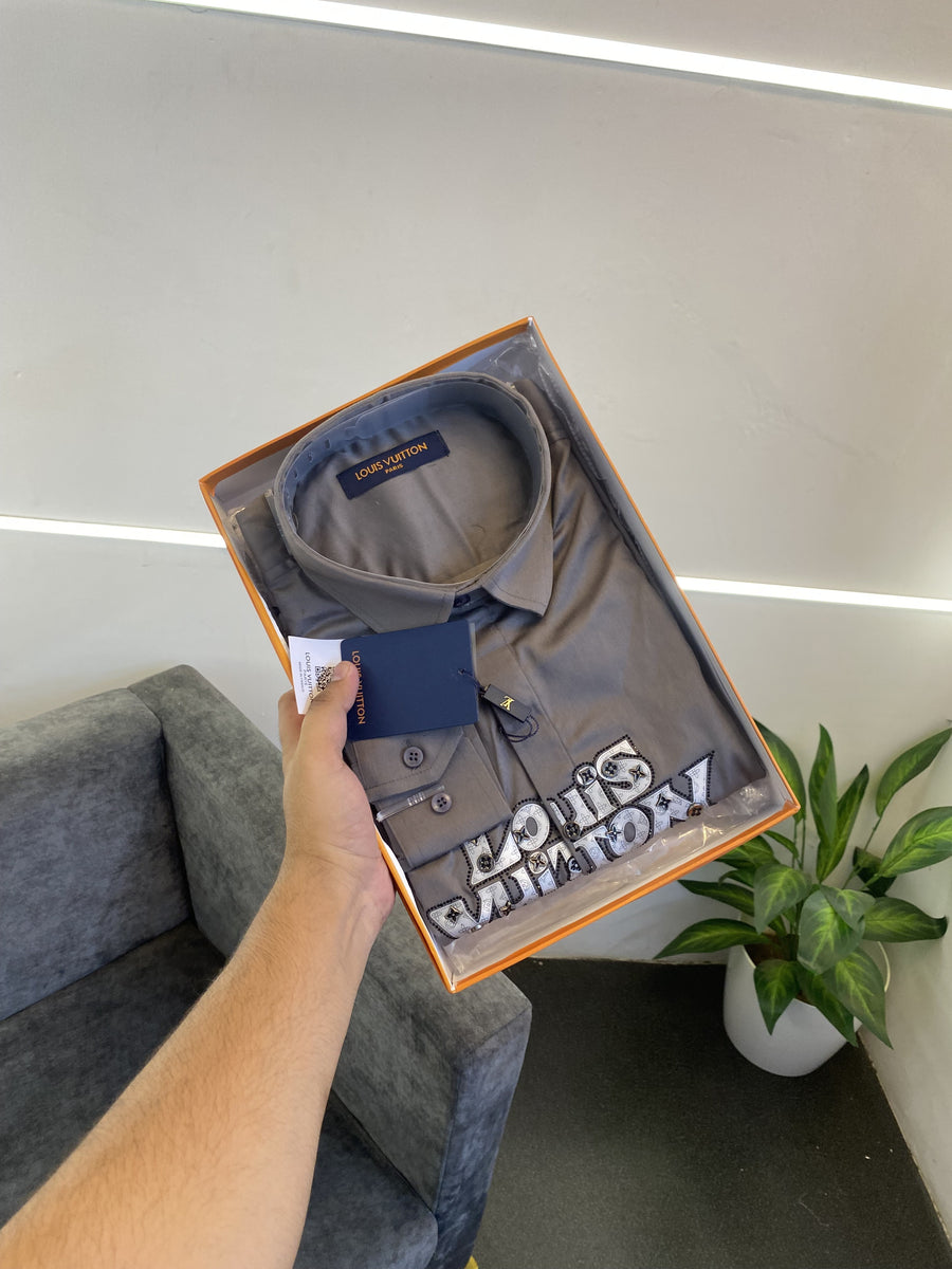 Lv stone metal logos and patch work imported box pack shirt grey sale