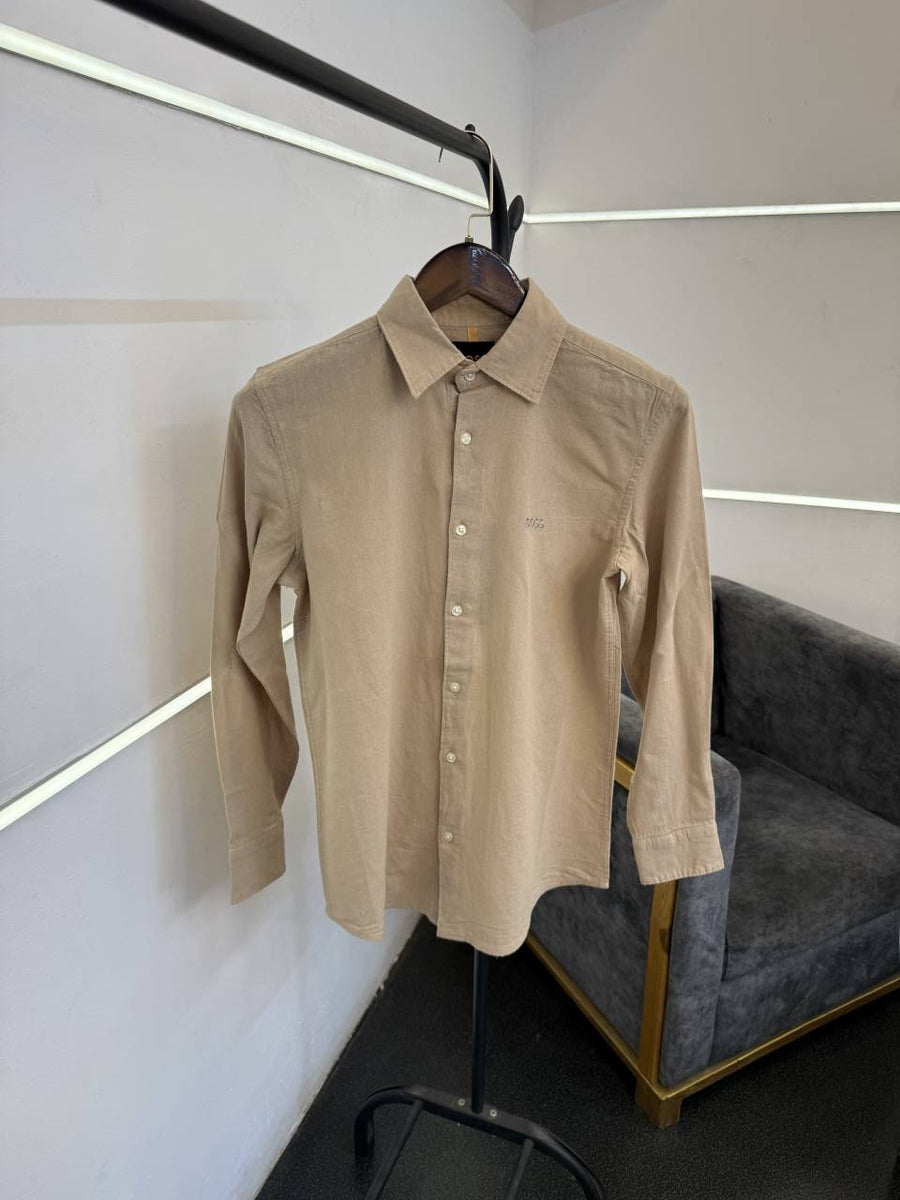 Hugo bos beige imported linen fabric shirt with embroidery logo