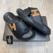 Hermes Criss-Cross Strap Premium Leather Black Slides