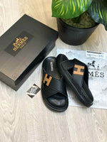 Hermes Criss-Cross Strap Premium Leather Black Slides
