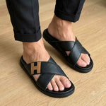 Hermes Criss-Cross Strap Premium Leather Black Slides
