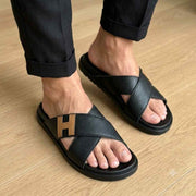 Hermes Criss-Cross Strap Premium Leather Black Slides