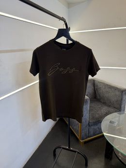 Hugo bos brown turkish imported knitted popcorn fabric round neck tshirt with embroidery logo