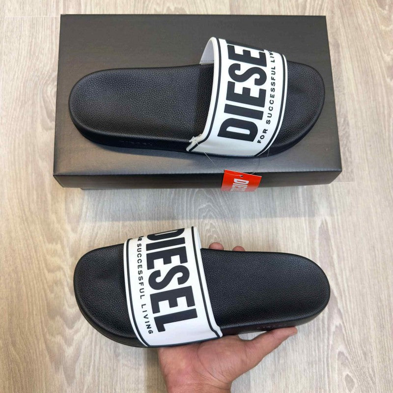 Diesel Mayemi Logo Embossed White Black Slides