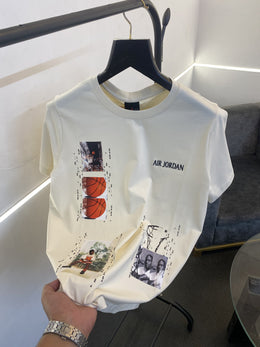 Air jordan patch print front and back with embroidery logo on chest round neck imported tshirt cream sale