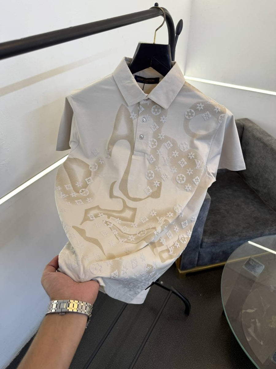 Louis Vuitton embossed and laser print imported polo tshirt beige