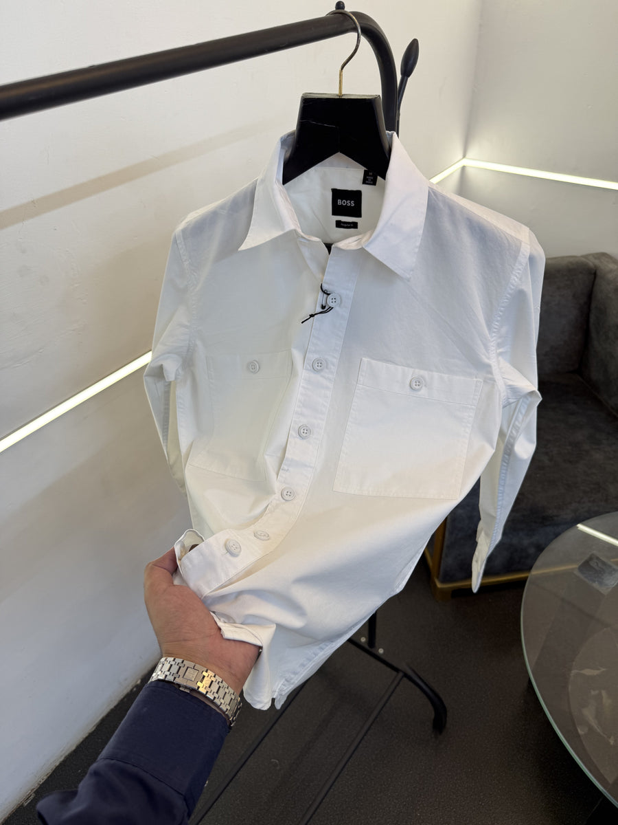 Hugo bos cargo double pocket imported shirt with embroidery logo on sleeves white