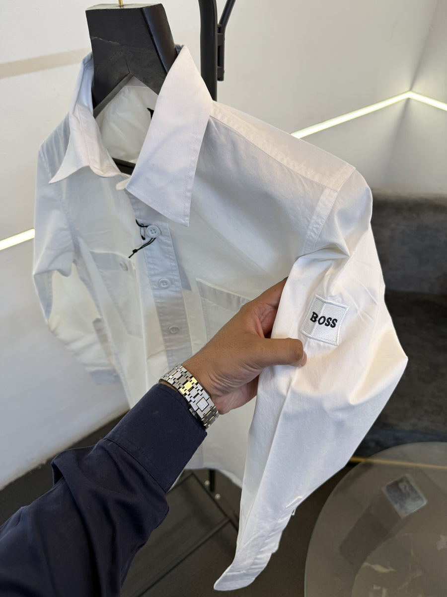 Hugo bos cargo double pocket imported shirt with embroidery logo on sleeves white
