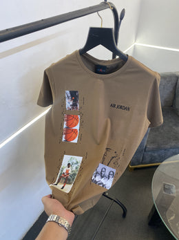 Air jordan patch print front and back with embroidery logo on chest round neck imported tshirt brown sale