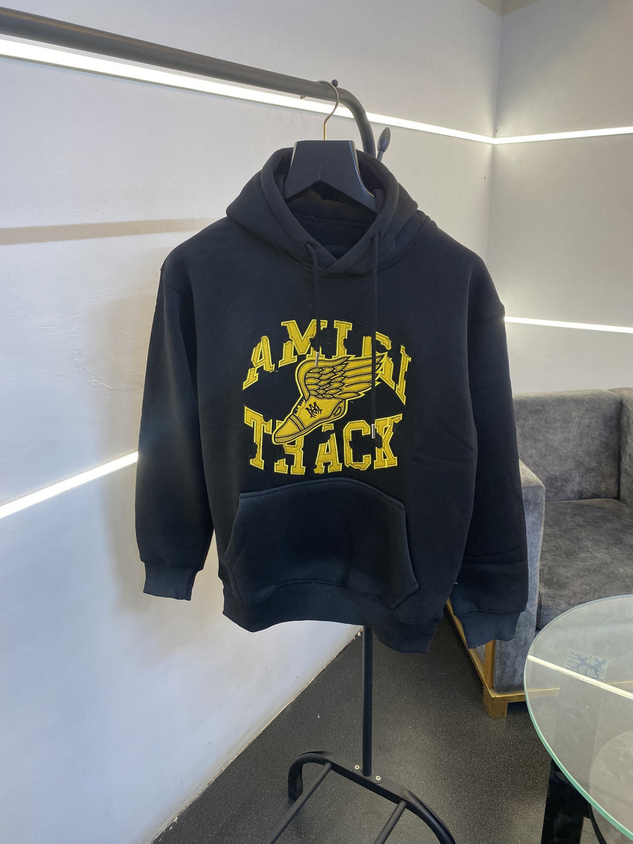 Amiri heavy gsm fleece fabric hoody sweatshirt with ameeri applique embroidery work with shaded spray work as original black