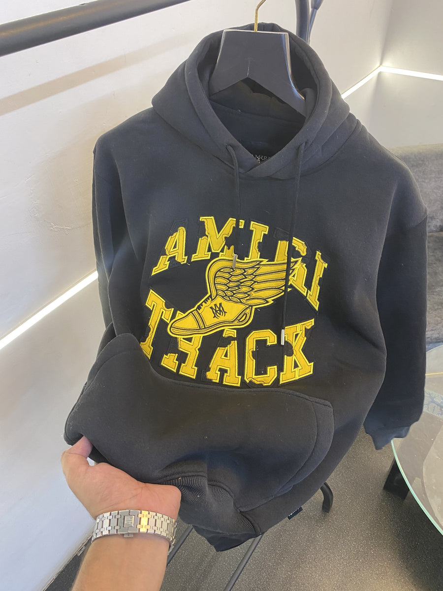 Amiri heavy gsm fleece fabric hoody sweatshirt with ameeri applique embroidery work with shaded spray work as original black