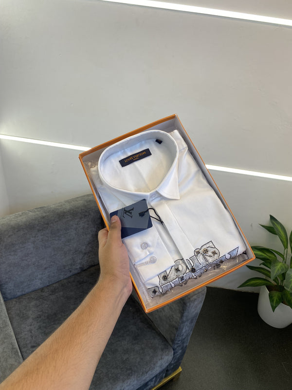 Lv stone metal logos and patch work imported box pack shirt white sale