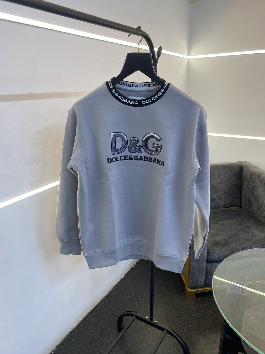 Dolce Gabana heavy gsm fleece fabric round neck sweatshirt with imported brand gloss print on front with knitted collar strip grey