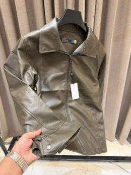 Ralph Lauren Chest Logo Leather Jacket Army Green