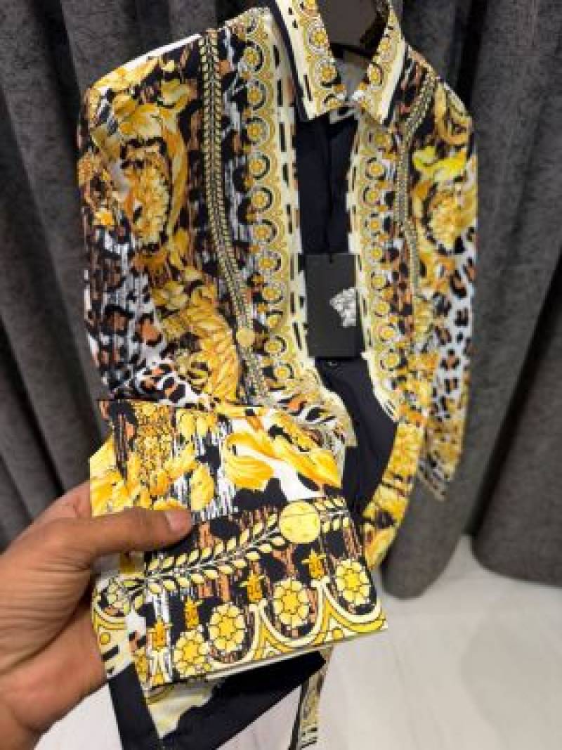 RAMZAN SPECIAL SALE VERSACEE BOROCCO SHIRT IMPORTED HALF SLEEVES GOLD WHITE