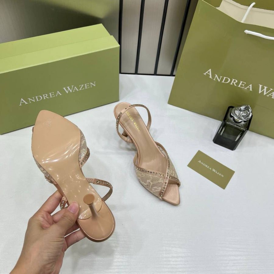 Andrea Wazen Apricot Katy 105 Slingback Pumps black Satin Mesh Rhinestone With OG Box & Carry Bag