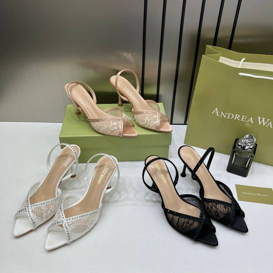 Andrea Wazen Apricot Katy 105 Slingback Pumps black Satin Mesh Rhinestone With OG Box & Carry Bag