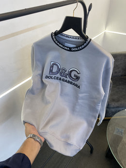 Dolce Gabana heavy gsm fleece fabric round neck sweatshirt with imported brand gloss print on front with knitted collar strip grey