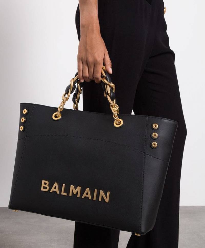 Balmain Logo Plaque Leather Black Large Tote With DustCover