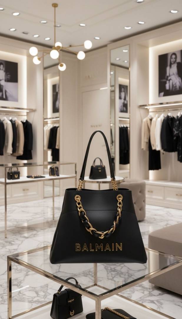 Balmain Logo Plaque Leather Black Large Tote With DustCover