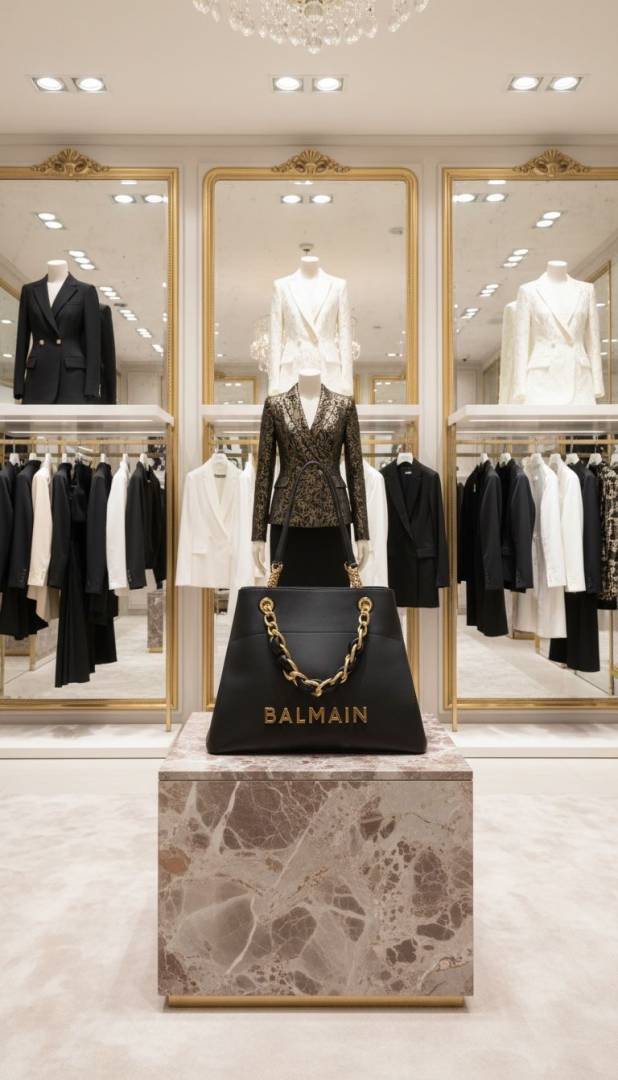 Balmain Logo Plaque Leather Black Large Tote With DustCover