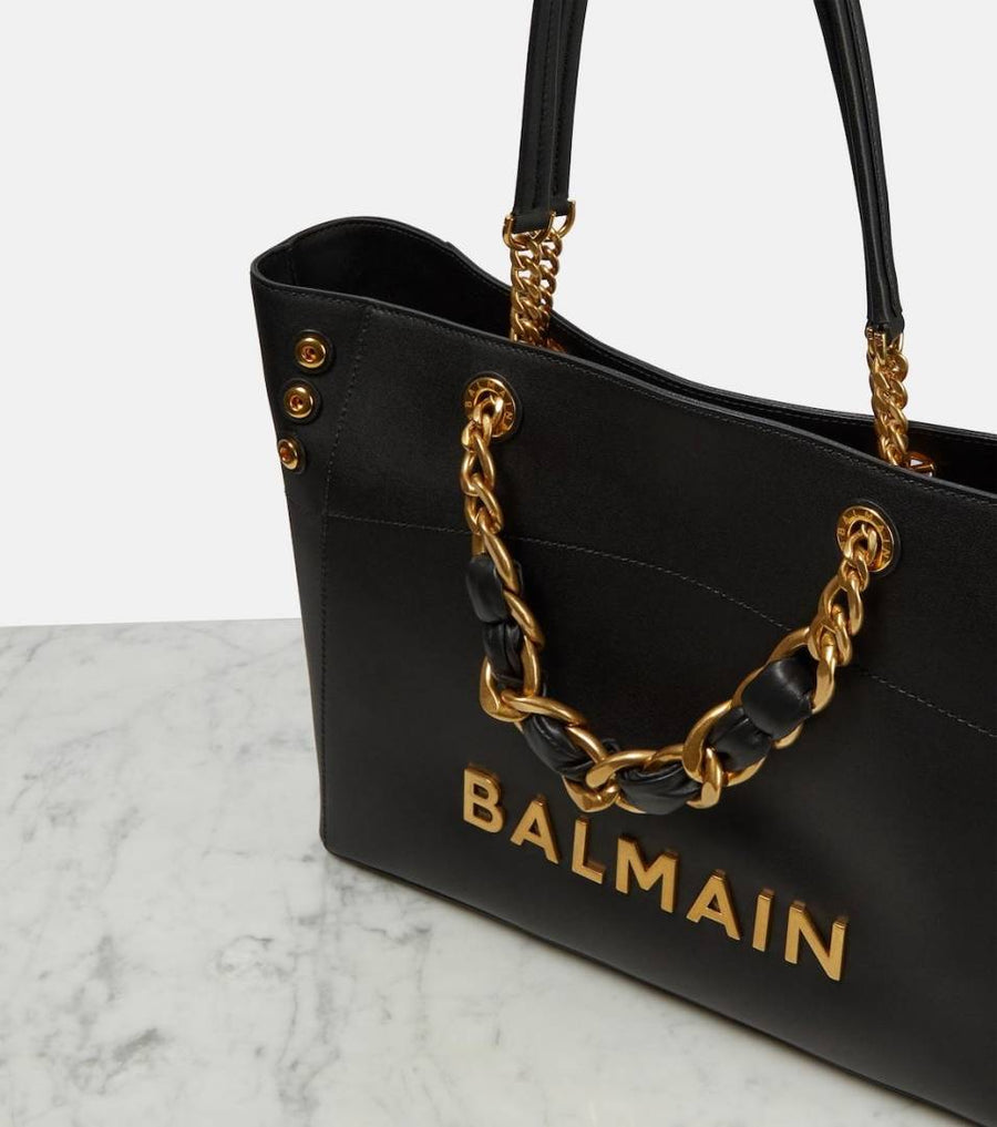Balmain Logo Plaque Leather Black Large Tote With DustCover