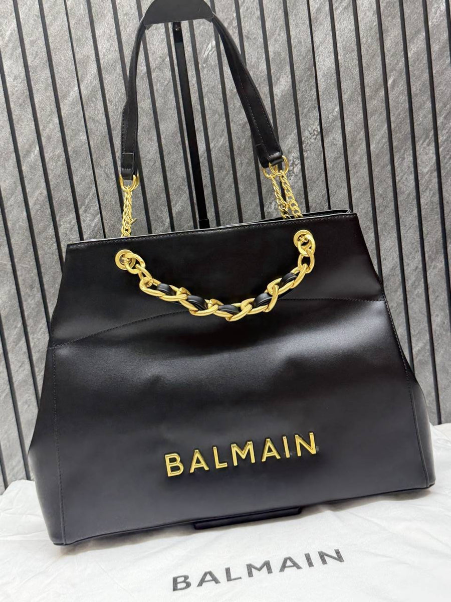 Balmain Logo Plaque Leather Black Large Tote With DustCover