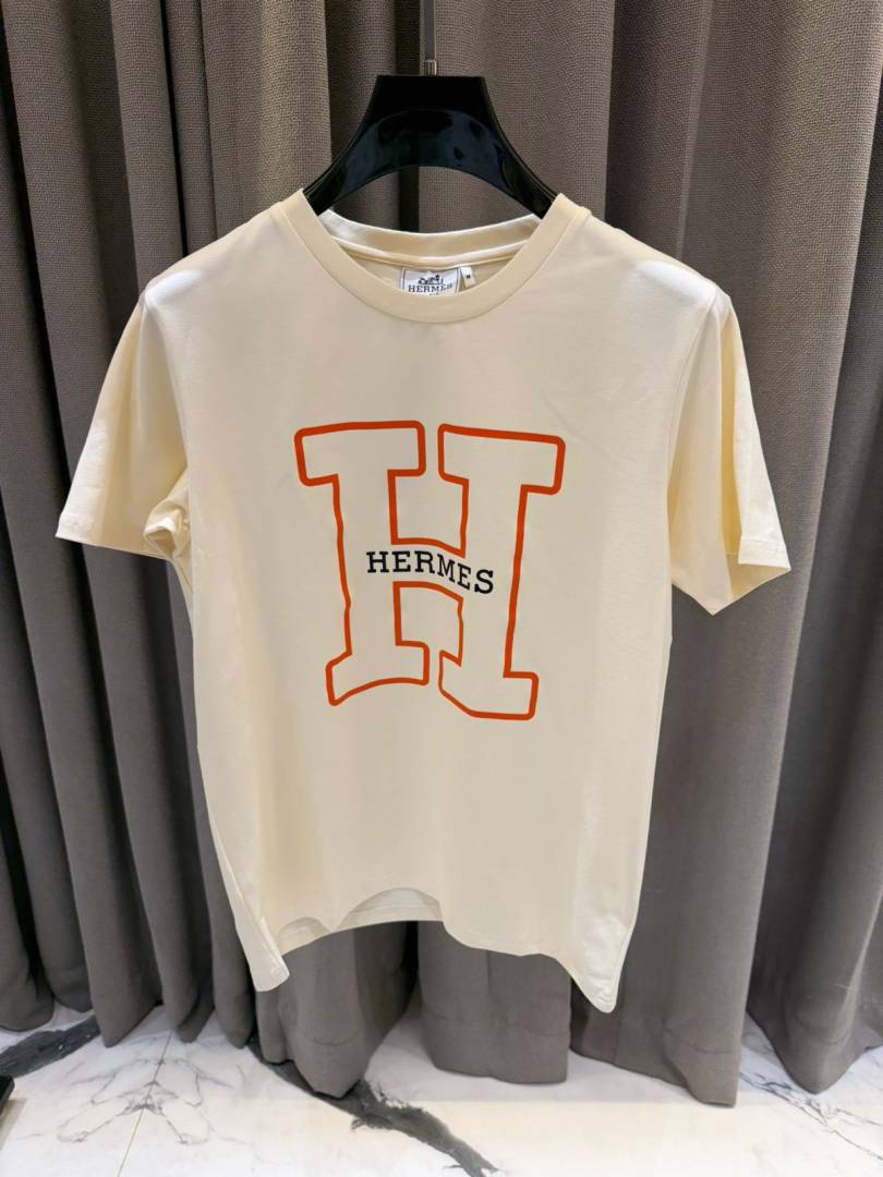 Hermes Middle Brand Print Round Neck T-shirt Cream