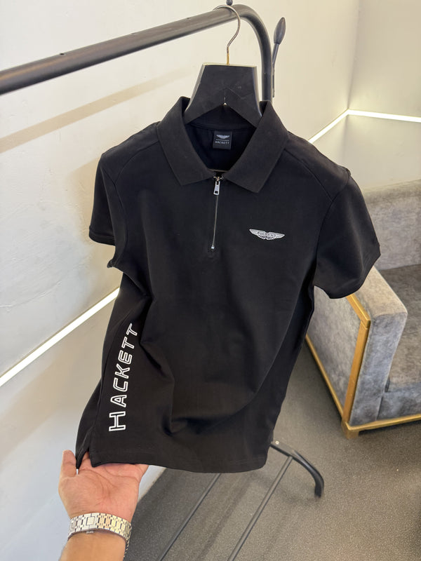 Hackett black imported polo tshirt with zip and cross brand name print sale