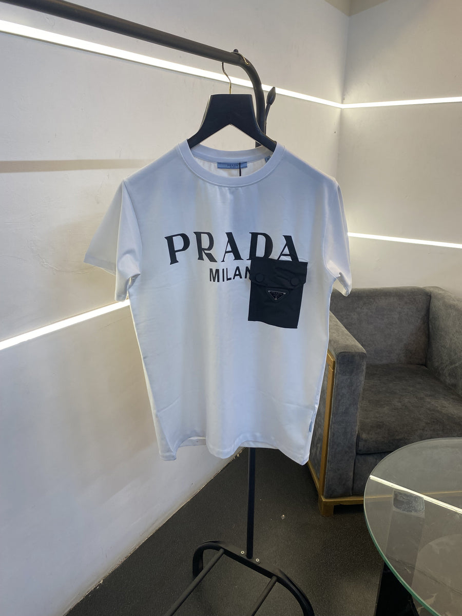 Prada turkey imported front pocket and print imported round neck tshirt white sale