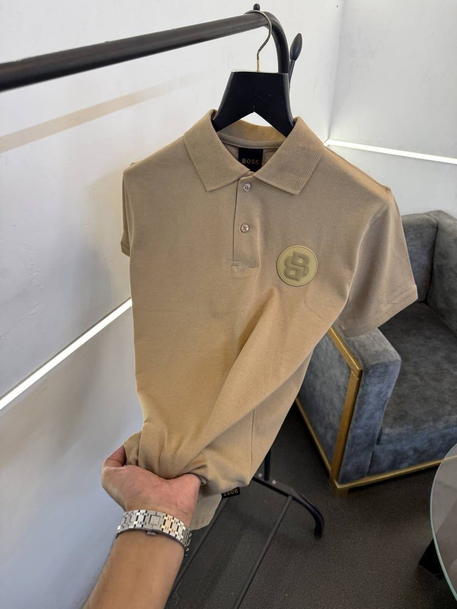 Hugo bos matty fabric imported polo tshirt white brand logo on chest beige