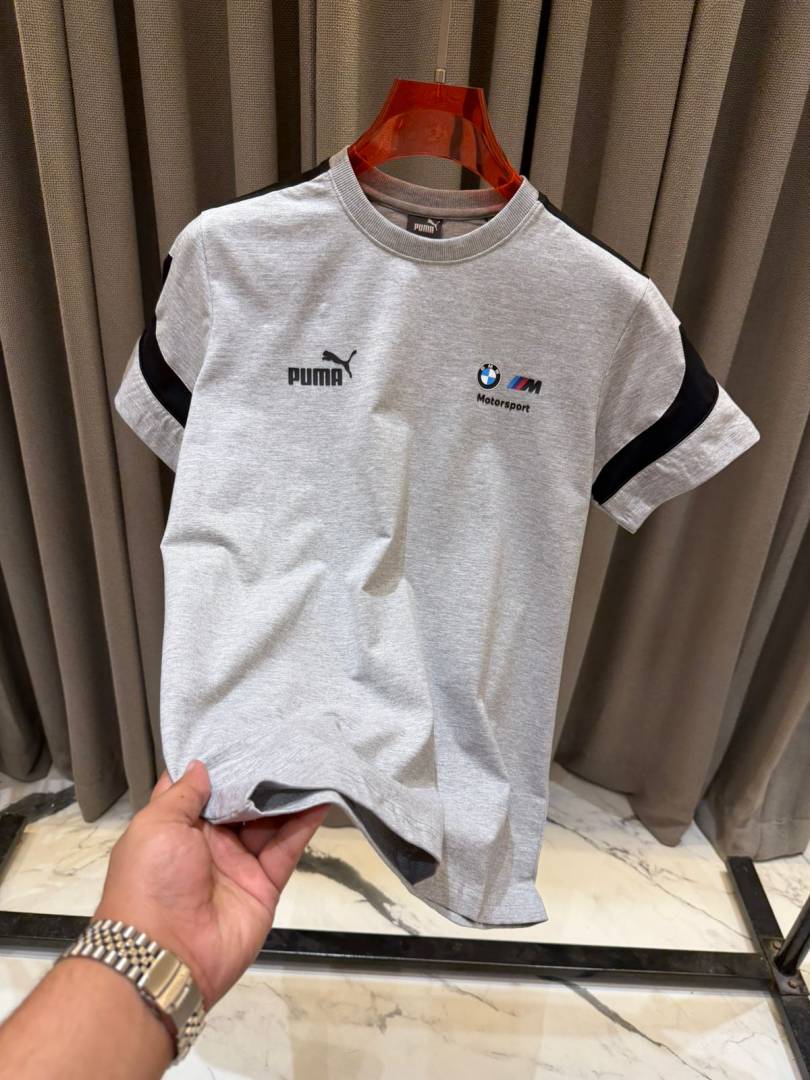 BMW Chest Logo Round Neck T shirt Grey