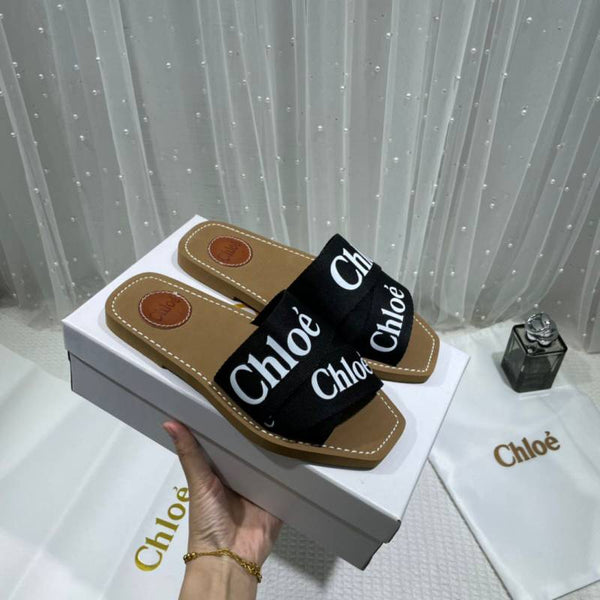 Chloe Premium Woody Slides Flat With OG Box Dust Cover Black