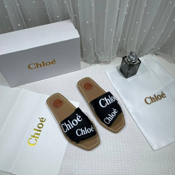 Chloe Premium Woody Slides Flat With OG Box Dust Cover Black