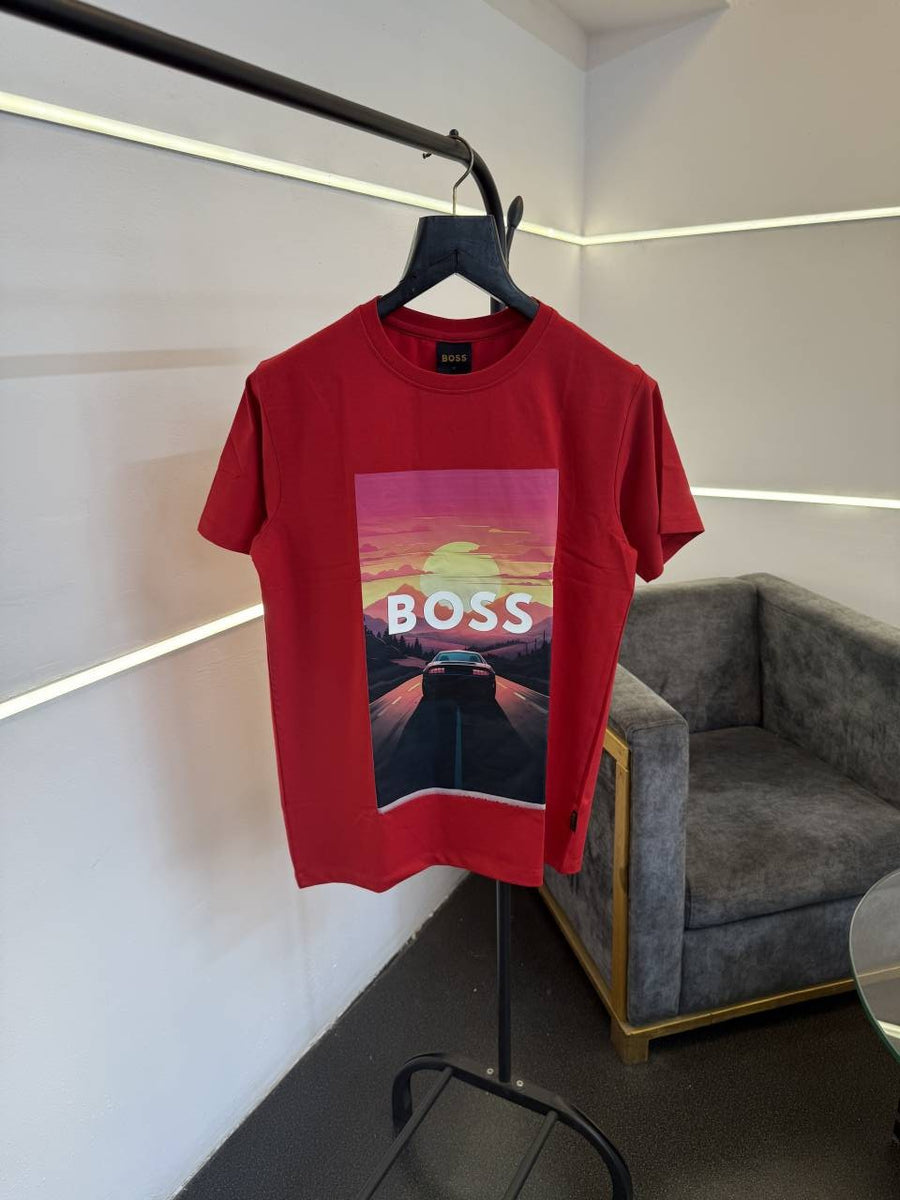 Hugo bos turkey imported heavy print and patch round neck tshirt red sale