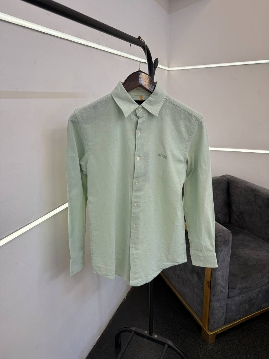 Hugo bos aqua green imported linen fabric shirt with embroidery logo