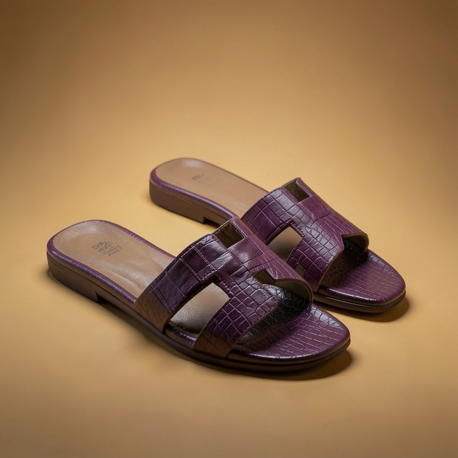 Hermes Paris Oran Flats Croc Leather White For Her With OG Box & Carry Bag Maroon Slide
