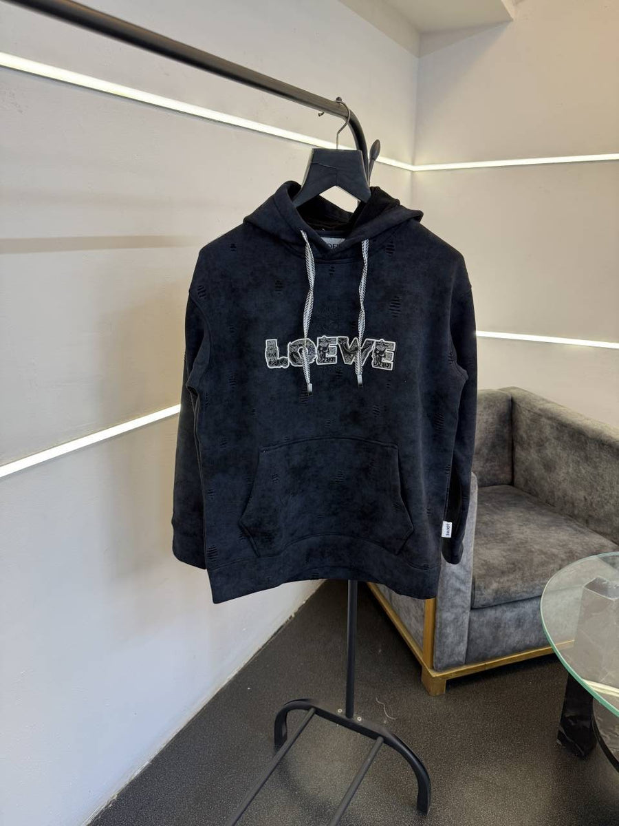 Loewe shadow print cut work imported hoodie blue