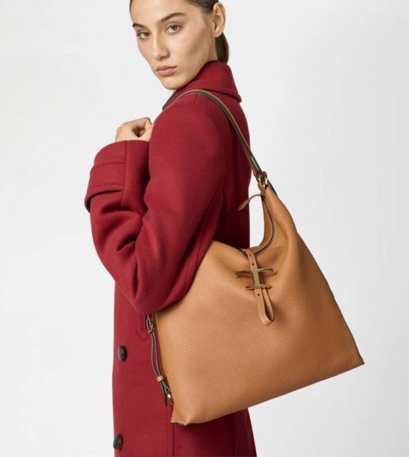 Todds T Timeless Pebble Premium Leather Bag With OG Magnetic Box With Dust Bag (Tan - 1183)