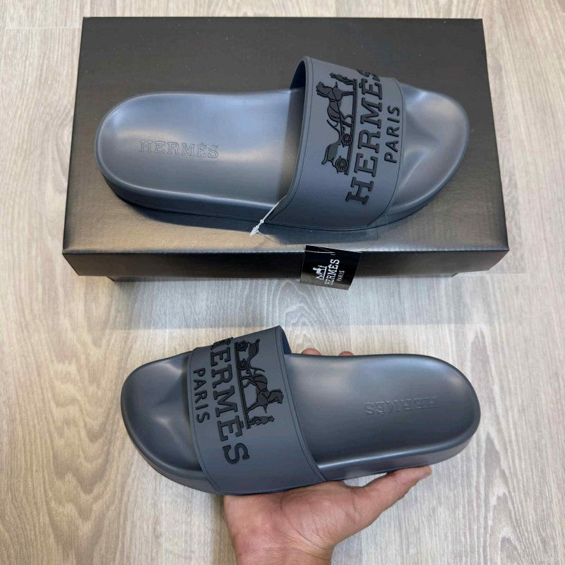 Hermes Paris Embossed Logo Grey Black Pool Slides