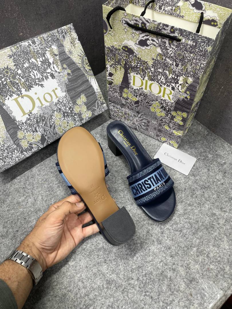 Christiaan Dioor Dway heeled Slides SIGNATURE CD Paris Embroidery With OG Box & Carry Bag 1407-1 Blue