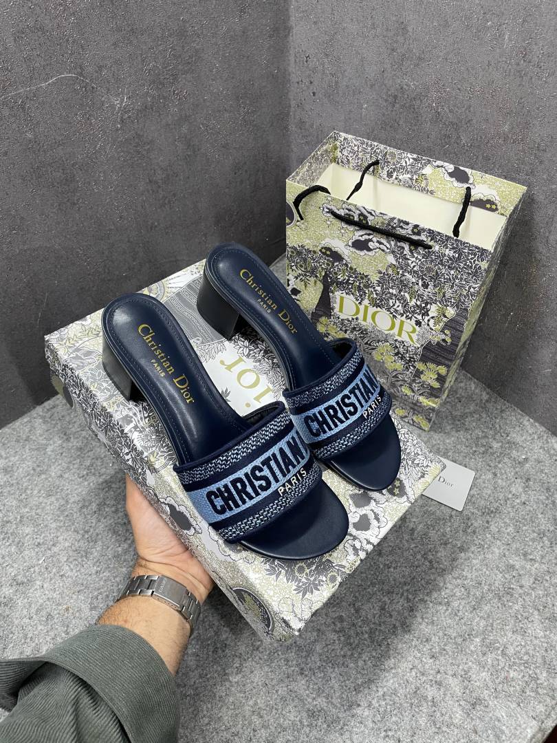 Christiaan Dioor Dway heeled Slides SIGNATURE CD Paris Embroidery With OG Box & Carry Bag 1407-1 Blue