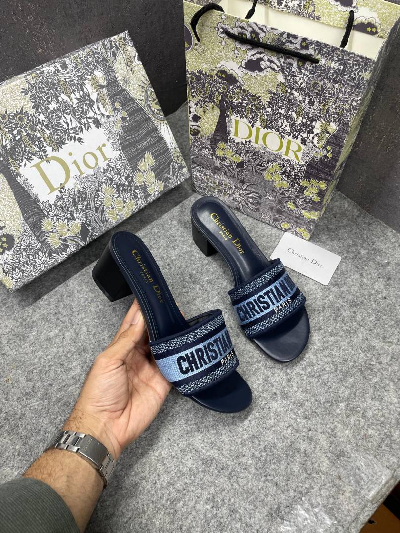 Christiaan Dioor Dway heeled Slides SIGNATURE CD Paris Embroidery With OG Box & Carry Bag 1407-1 Blue